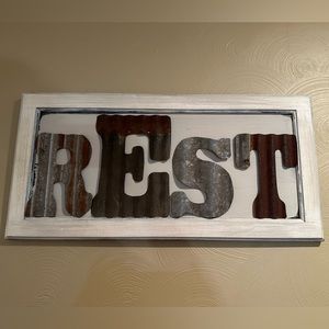 REST Wall Decor Sign Made from Cupboard Panel Letters are metal Silver and Rusty